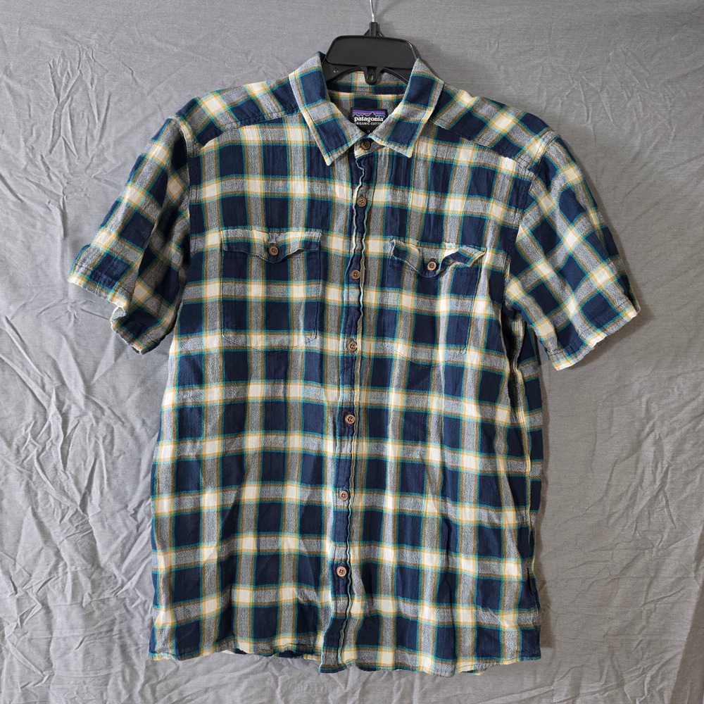 Patagonia Mens Organic Cotton Plaid Short Sleeve Button Down Shirt Blue Yellow M